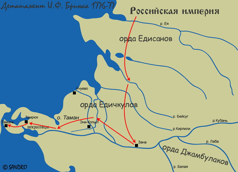 карта движения основных сил деташамента И.Ф. Бринка на Кубань - 1776-77 годов